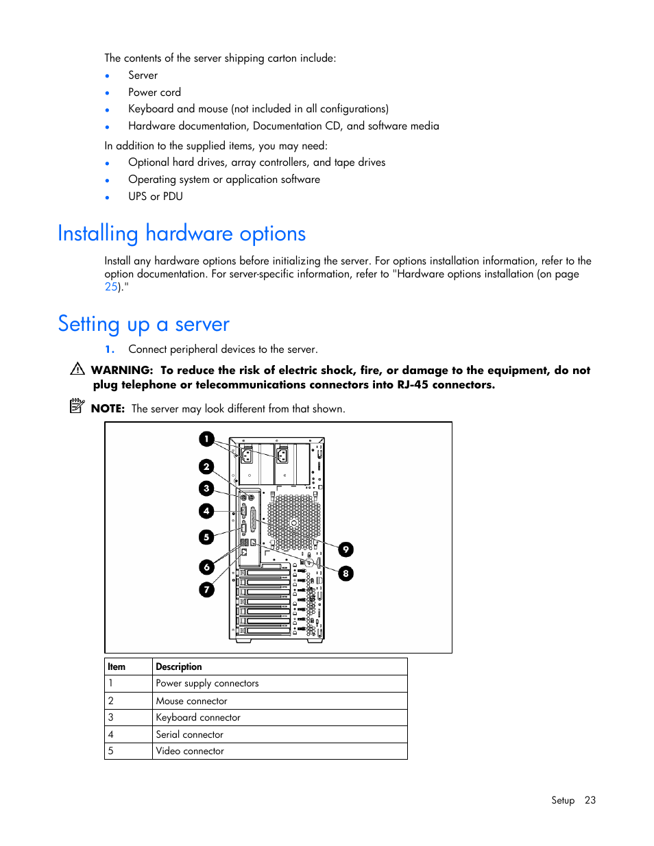 Installing hardware options, Setting up a server, 23 setting up a server | HP ProLiant ML310 G4 Server User Manual | Page 23 / 88