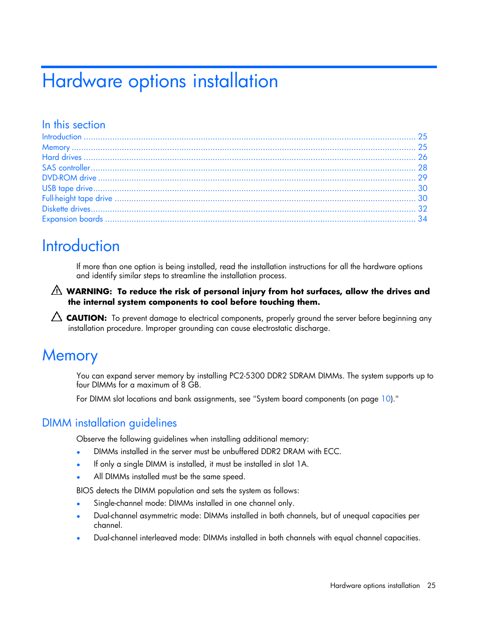 Hardware options installation, Introduction, Memory | Dimm installation guidelines | HP ProLiant ML310 G4 Server User Manual | Page 25 / 88