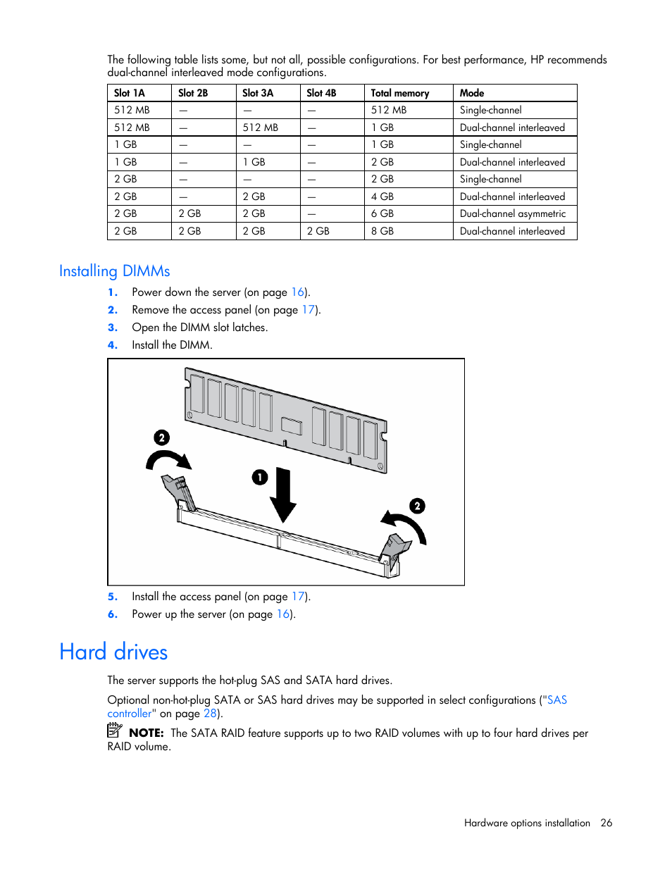 Installing dimms, Hard drives | HP ProLiant ML310 G4 Server User Manual | Page 26 / 88