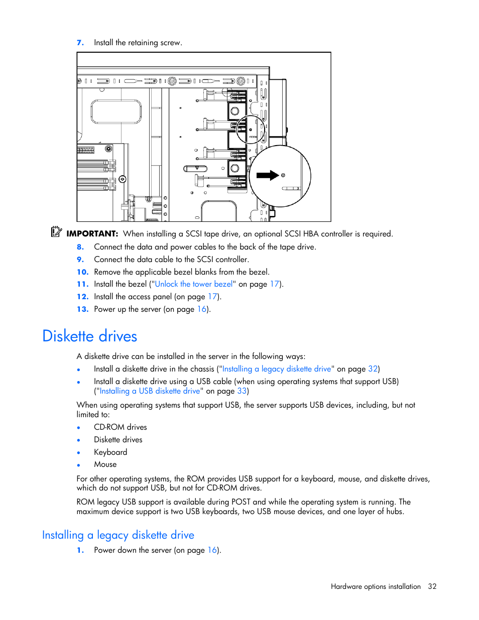 Diskette drives, Installing a legacy diskette drive | HP ProLiant ML310 G4 Server User Manual | Page 32 / 88