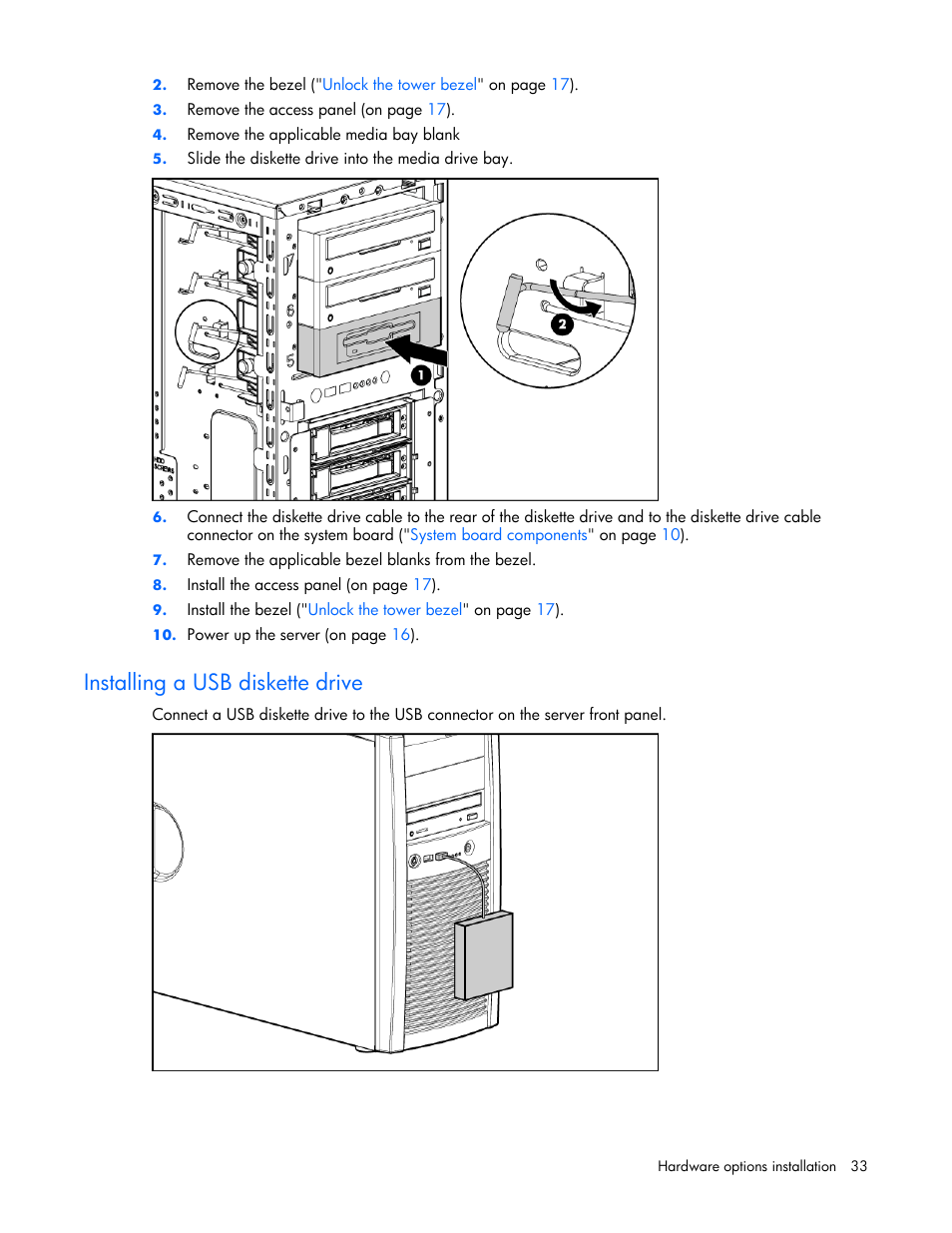 Installing a usb diskette drive | HP ProLiant ML310 G4 Server User Manual | Page 33 / 88