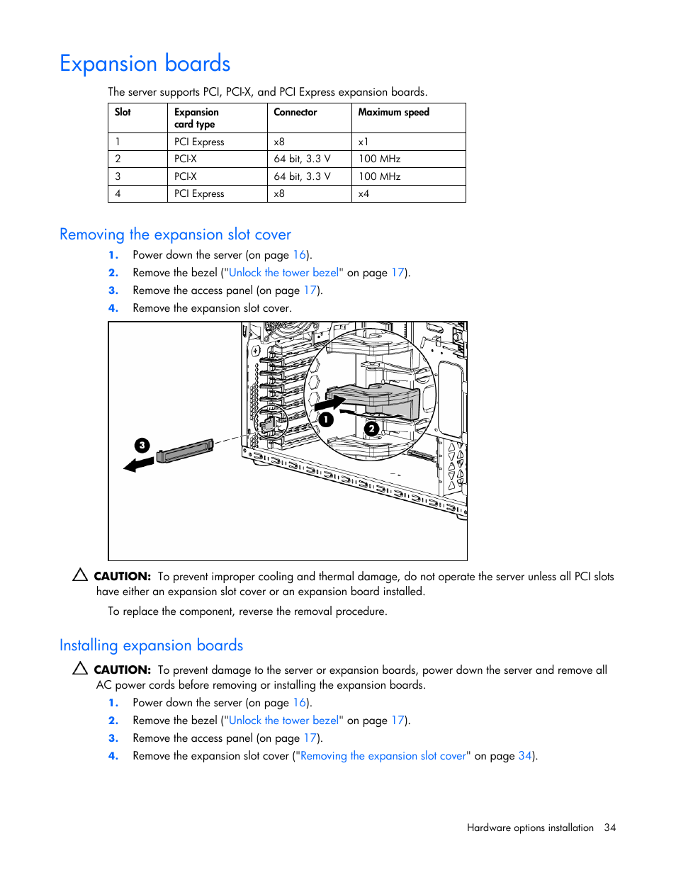 Expansion boards, Removing the expansion slot cover, Installing expansion boards | HP ProLiant ML310 G4 Server User Manual | Page 34 / 88