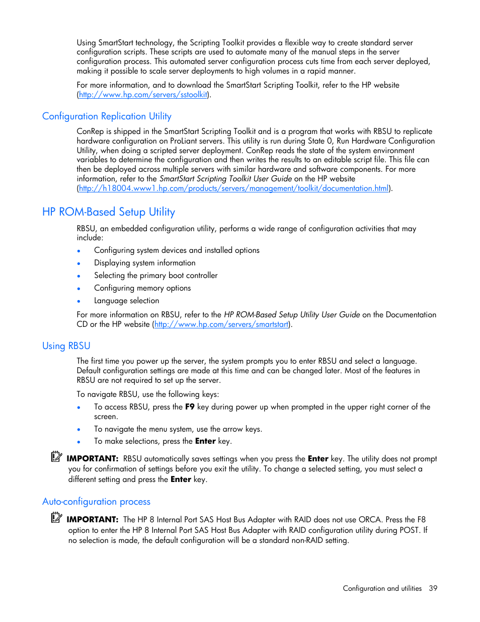 Configuration replication utility, Hp rom-based setup utility, Using rbsu | Auto-configuration process | HP ProLiant ML310 G4 Server User Manual | Page 39 / 88