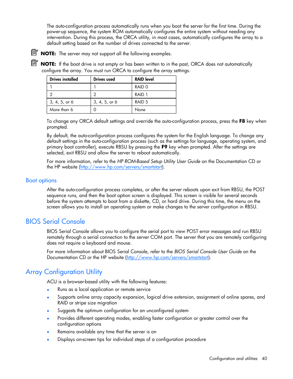 Boot options, Bios serial console, Array configuration utility | Array diagnostic utility, and e | HP ProLiant ML310 G4 Server User Manual | Page 40 / 88