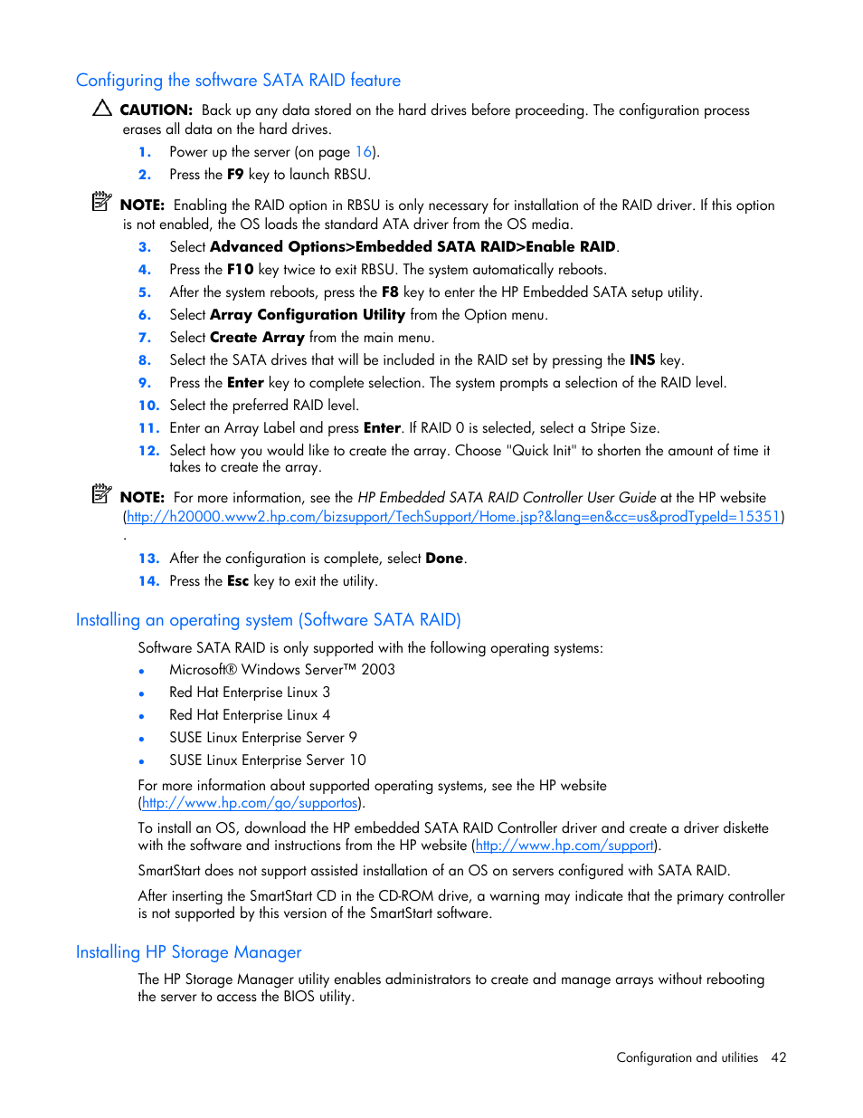Configuring the software sata raid feature, Installing hp storage manager | HP ProLiant ML310 G4 Server User Manual | Page 42 / 88