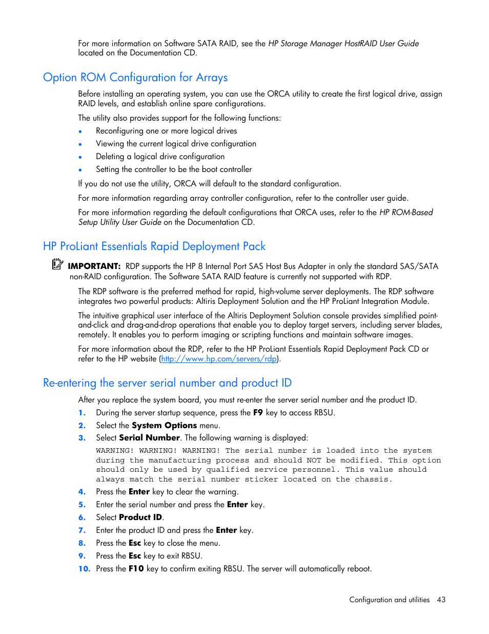 Option rom configuration for arrays, Hp proliant essentials rapid deployment pack | HP ProLiant ML310 G4 Server User Manual | Page 43 / 88
