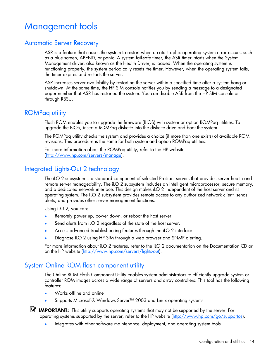 Management tools, Automatic server recovery, Rompaq utility | Integrated lights-out 2 technology, System online rom flash component utility | HP ProLiant ML310 G4 Server User Manual | Page 44 / 88