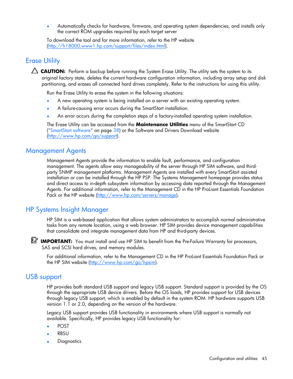Erase utility, Management agents, Hp systems insight manager | Usb support | HP ProLiant ML310 G4 Server User Manual | Page 45 / 88