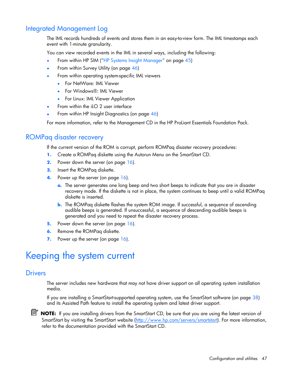 Integrated management log, Rompaq disaster recovery, Keeping the system current | Drivers | HP ProLiant ML310 G4 Server User Manual | Page 47 / 88