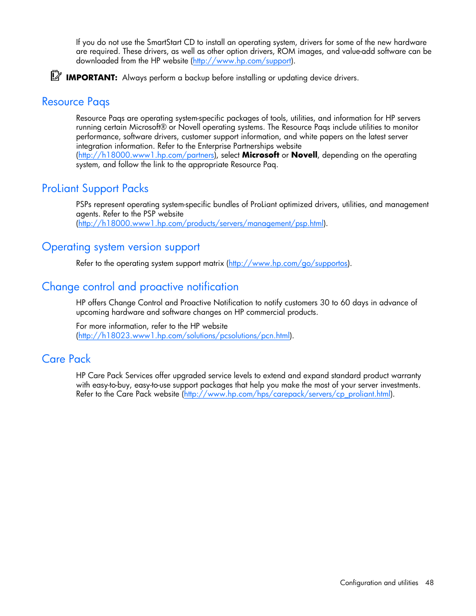 Resource paqs, Proliant support packs, Operating system version support | Change control and proactive notification, Care pack | HP ProLiant ML310 G4 Server User Manual | Page 48 / 88