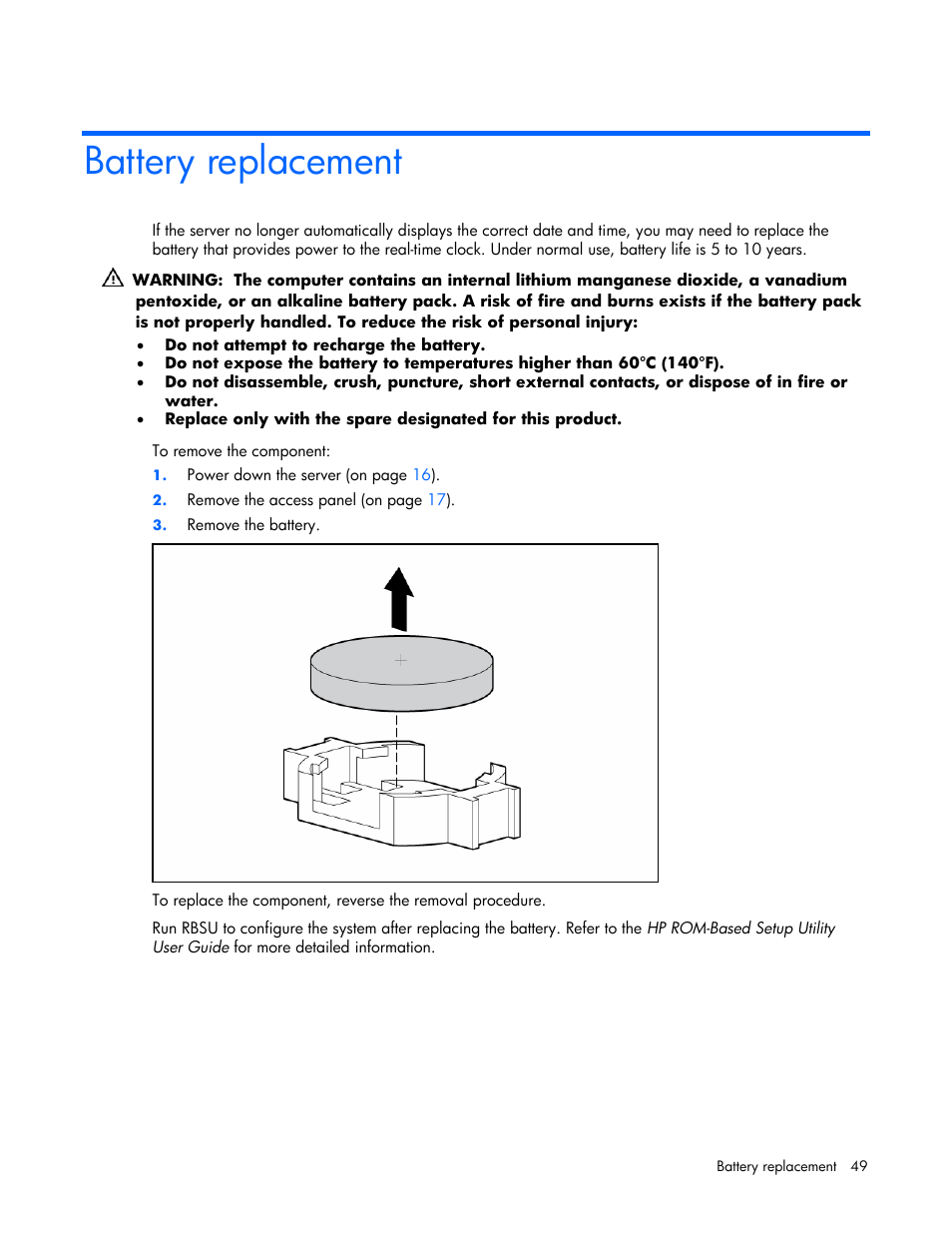 Battery replacement | HP ProLiant ML310 G4 Server User Manual | Page 49 / 88
