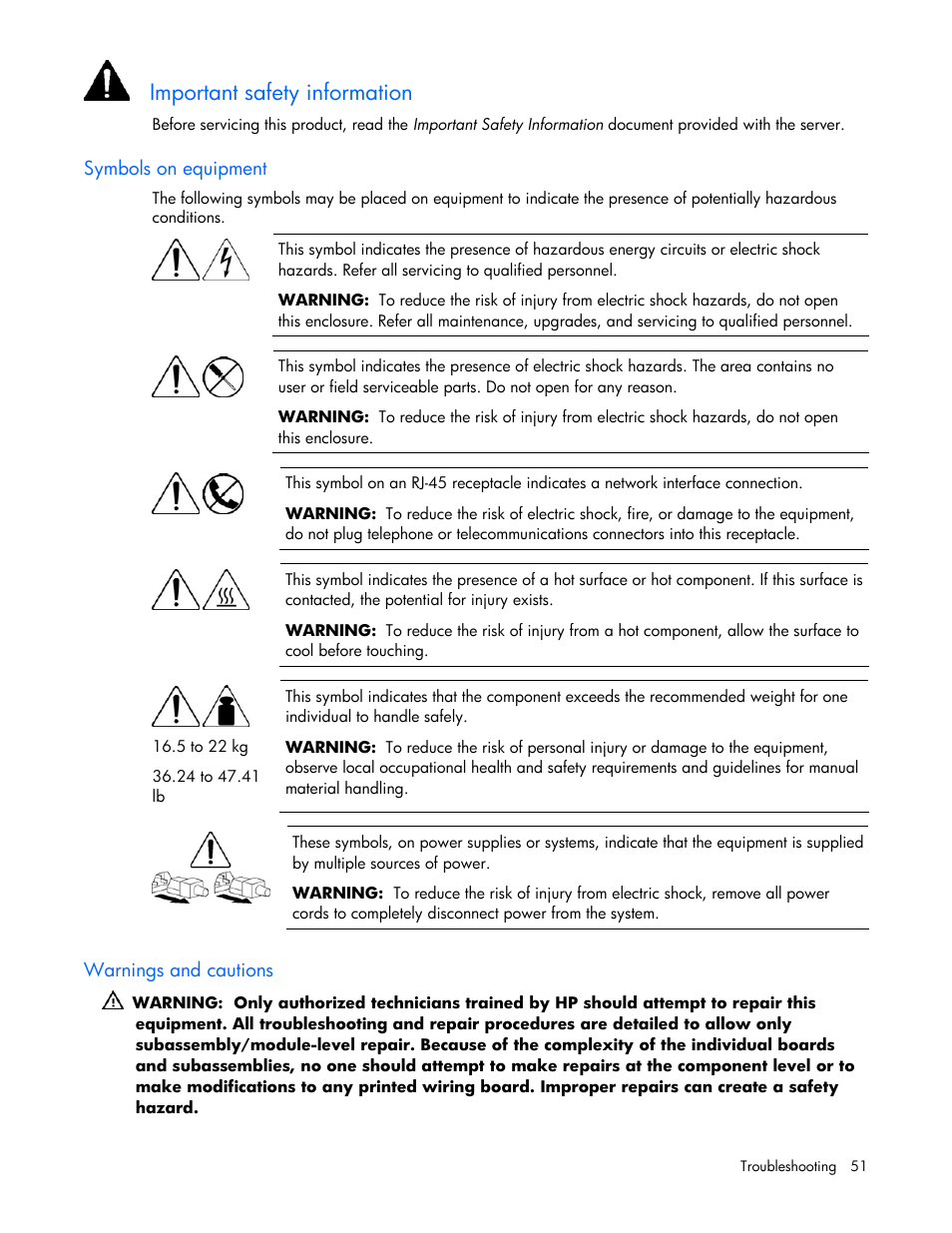 Symbols on equipment, Warnings and cautions, Important safety information | HP ProLiant ML310 G4 Server User Manual | Page 51 / 88