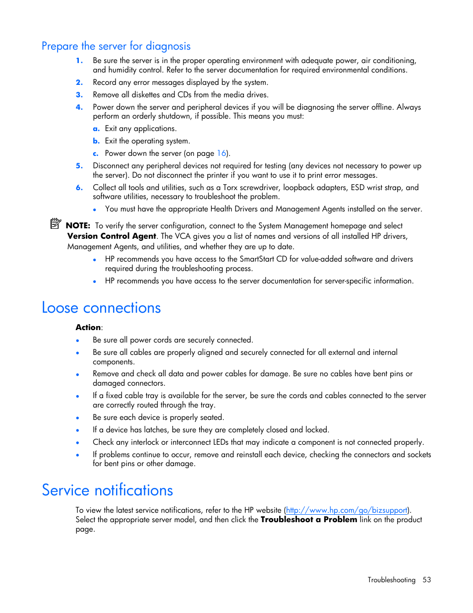 Prepare the server for diagnosis, Loose connections, Service notifications | HP ProLiant ML310 G4 Server User Manual | Page 53 / 88