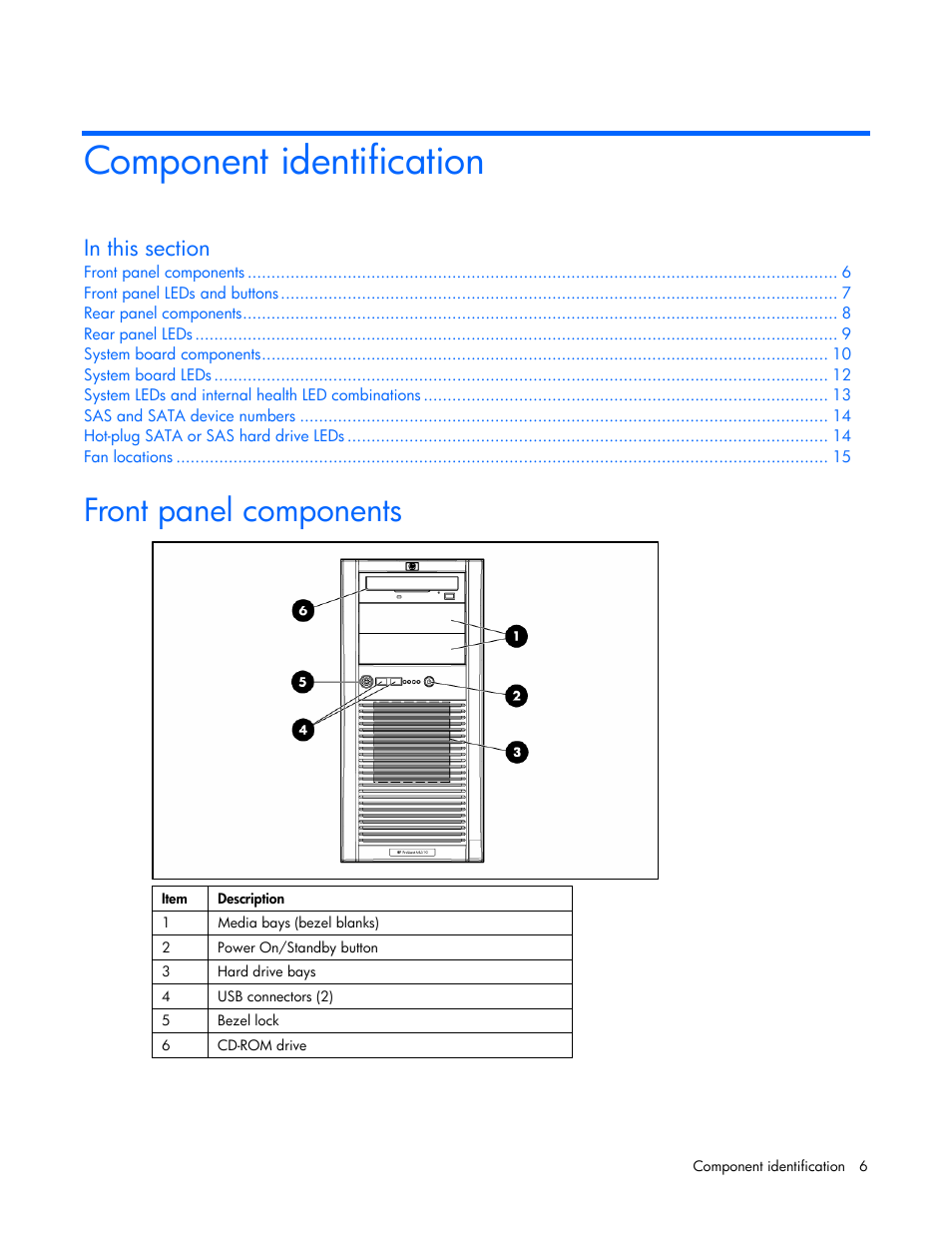 Component identification, Front panel components | HP ProLiant ML310 G4 Server User Manual | Page 6 / 88