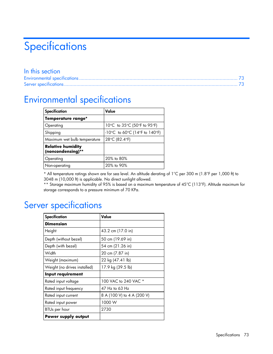 Specifications, Environmental specifications, Server specifications | HP ProLiant ML310 G4 Server User Manual | Page 73 / 88