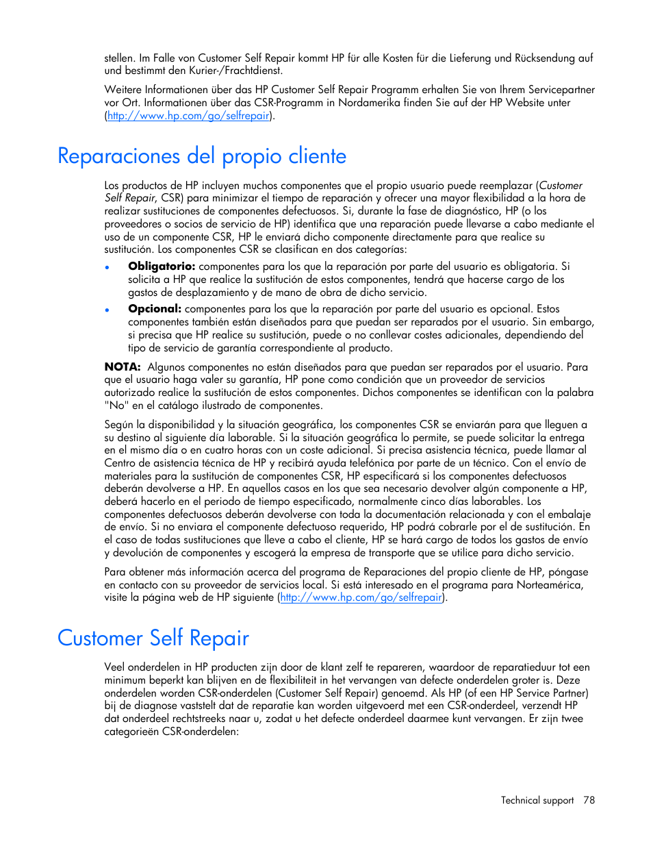 Reparaciones del propio cliente, Customer self repair | HP ProLiant ML310 G4 Server User Manual | Page 78 / 88