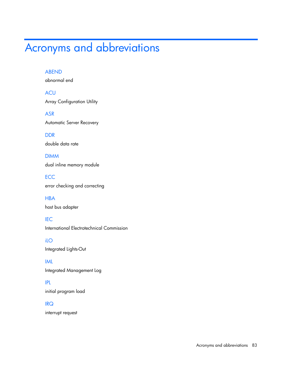 Acronyms and abbreviations | HP ProLiant ML310 G4 Server User Manual | Page 83 / 88