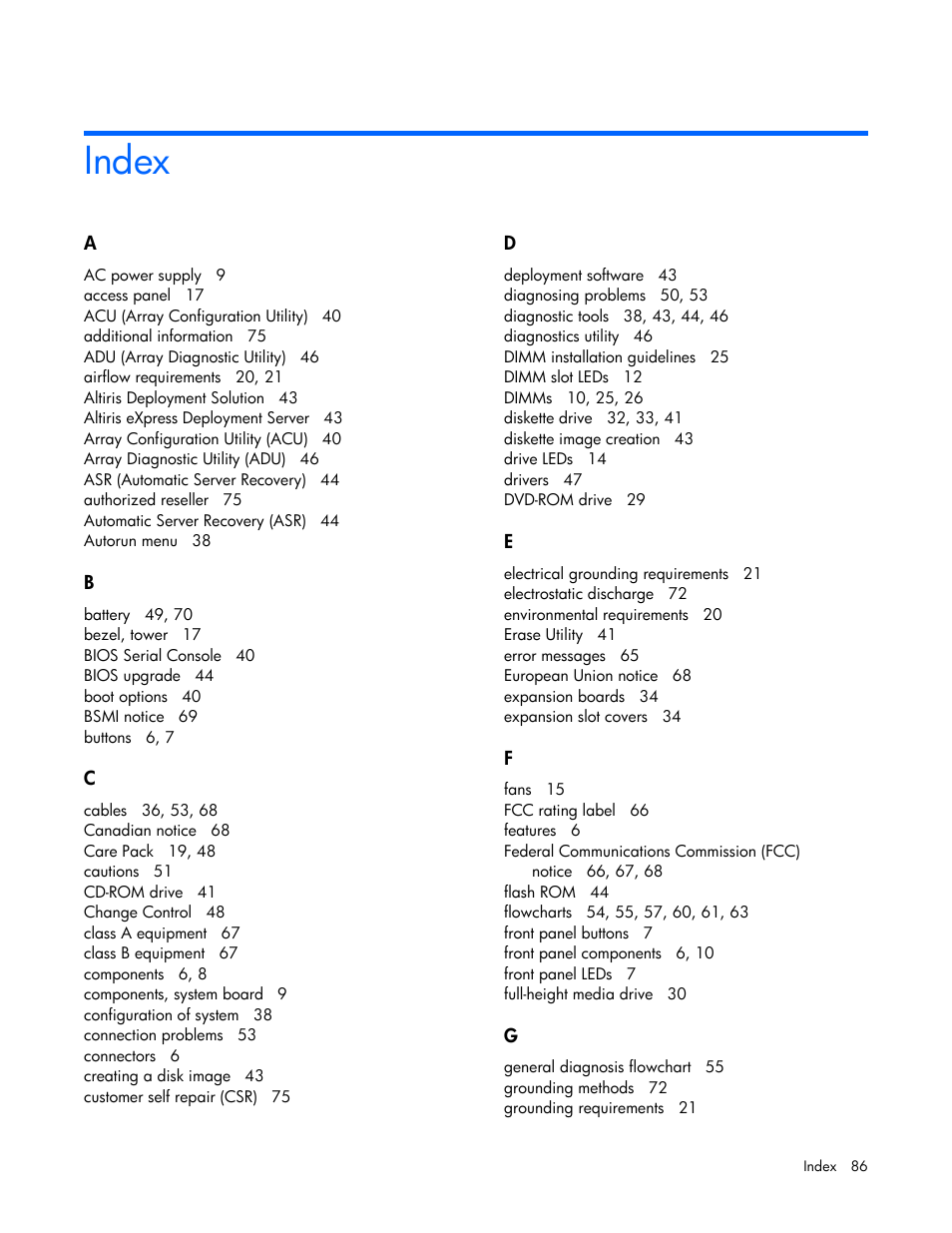 Index | HP ProLiant ML310 G4 Server User Manual | Page 86 / 88