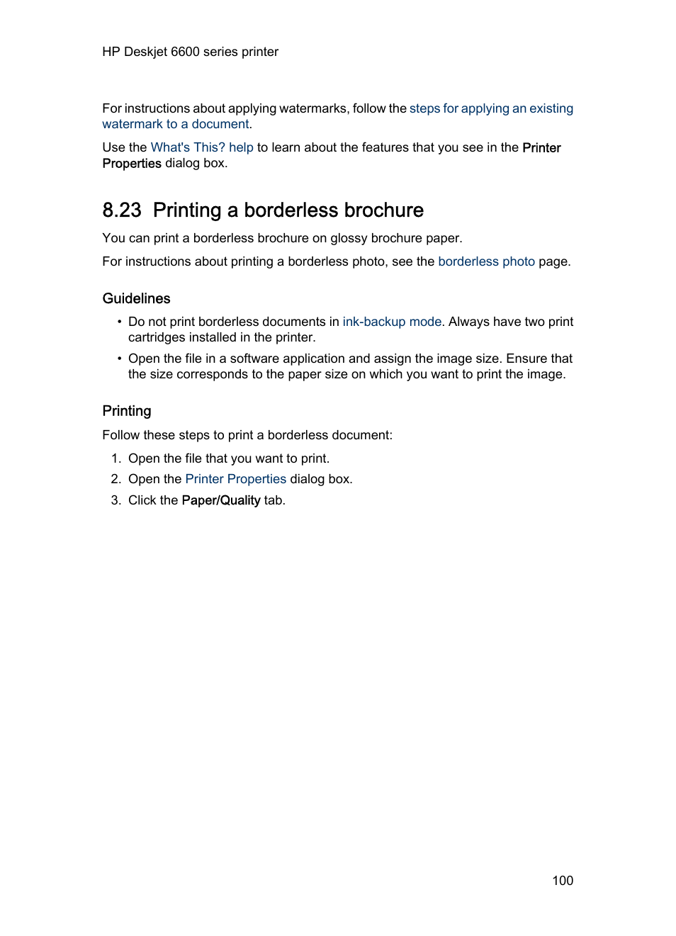 23 printing a borderless brochure, Guidelines, Printing | Learn to print, Borderless brochures, Print a, Borderless brochure | HP Deskjet 6620 Color Inkjet Printer User Manual | Page 100 / 169