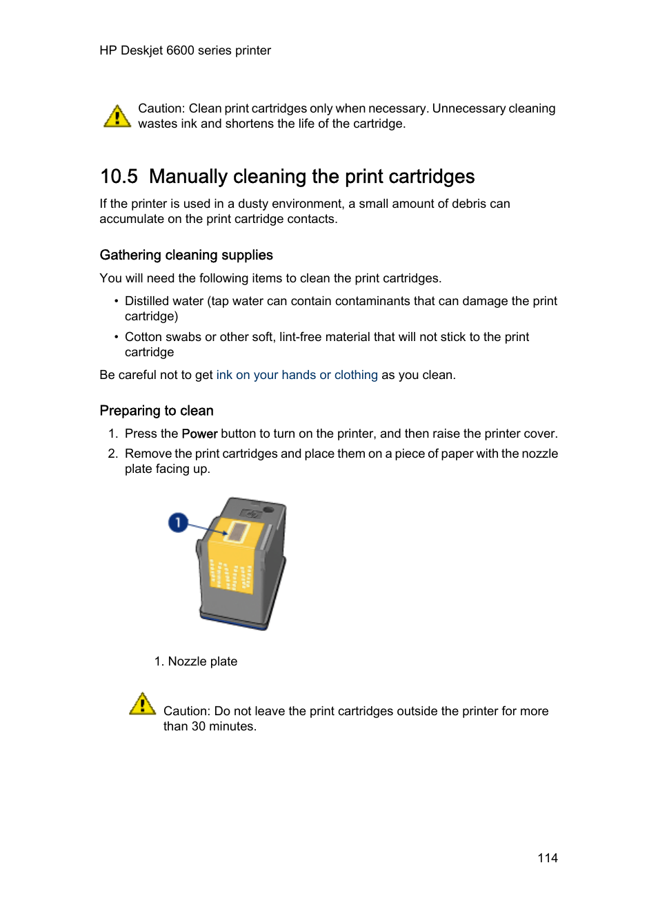 5 manually cleaning the print cartridges, Gathering cleaning supplies, Preparing to clean | Manually cleaning the print cartridges | HP Deskjet 6620 Color Inkjet Printer User Manual | Page 114 / 169