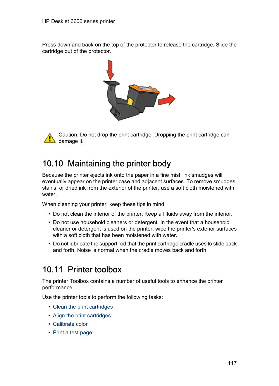 10 maintaining the printer body, 11 printer toolbox, Toolbox | Maintaining the printer body, Printer toolbox | HP Deskjet 6620 Color Inkjet Printer User Manual | Page 117 / 169