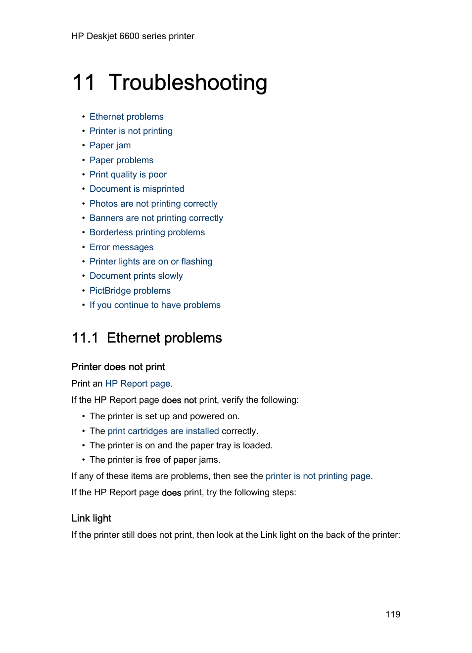 11 troubleshooting, 1 ethernet problems, Printer does not print | Link light, Troubleshooting | HP Deskjet 6620 Color Inkjet Printer User Manual | Page 119 / 169