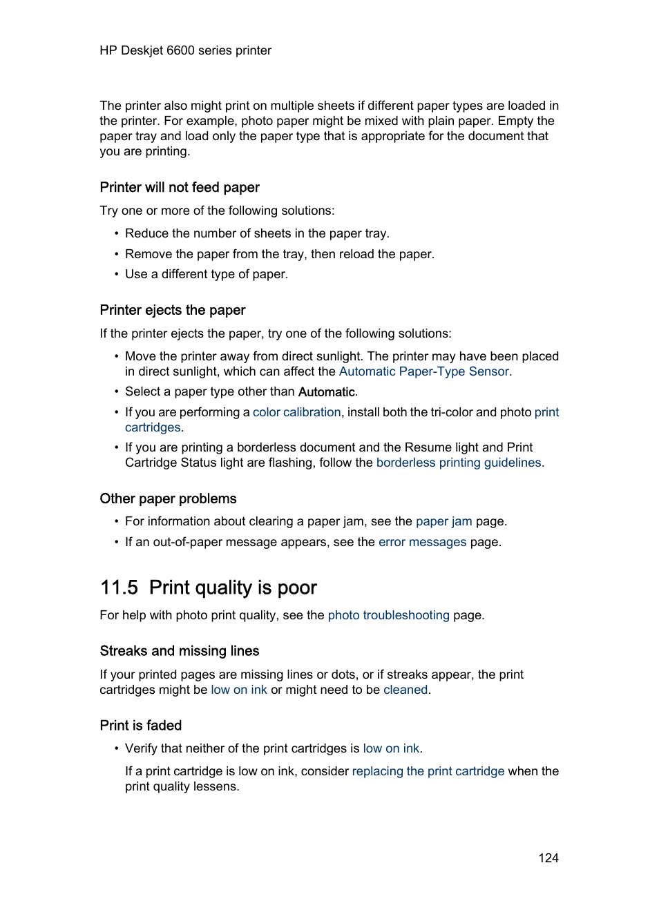 Printer will not feed paper, Printer ejects the paper, Other paper problems | 5 print quality is poor, Streaks and missing lines, Print is faded, Print quality is poor | HP Deskjet 6620 Color Inkjet Printer User Manual | Page 124 / 169