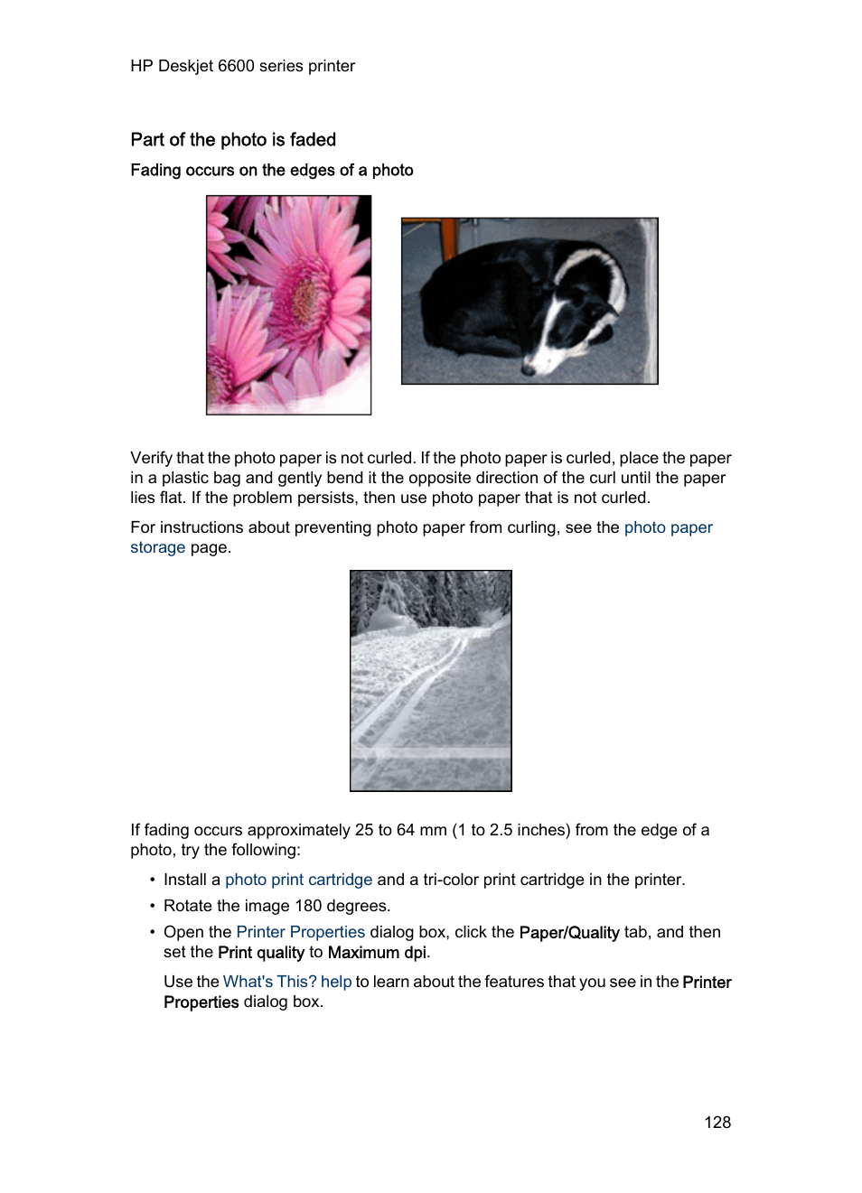 Part of the photo is faded, Fading occurs on the edges of a photo | HP Deskjet 6620 Color Inkjet Printer User Manual | Page 128 / 169