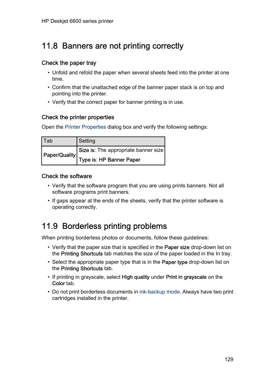 8 banners are not printing correctly, Check the paper tray, Check the printer properties | Check the software, 9 borderless printing problems, Banners are not printing correctly, Borderless printing problems, Cartridge status light are flashing, follow the, Borderless printing guidelines | HP Deskjet 6620 Color Inkjet Printer User Manual | Page 129 / 169