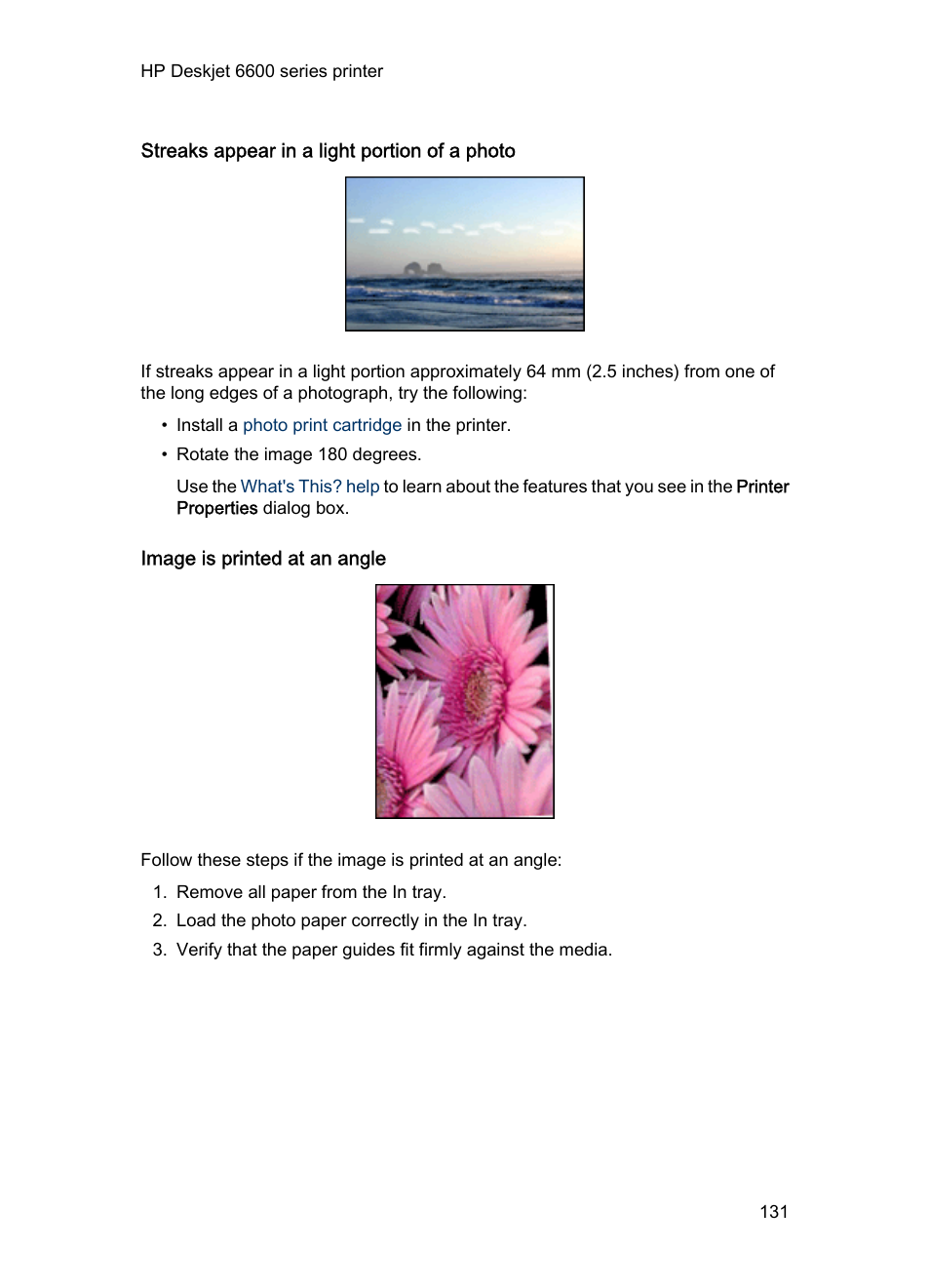Streaks appear in a light portion of a photo, Image is printed at an angle | HP Deskjet 6620 Color Inkjet Printer User Manual | Page 131 / 169