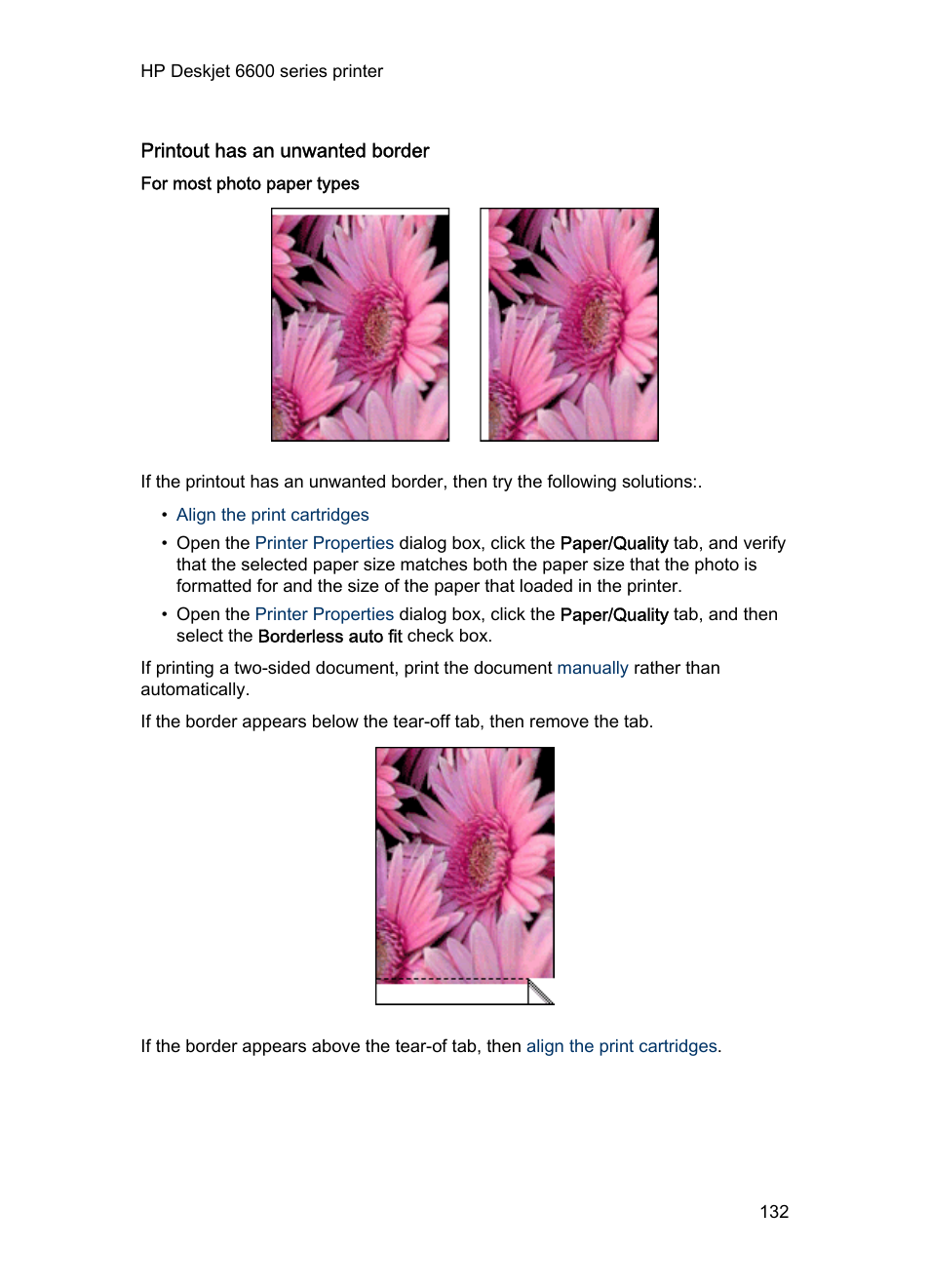 Printout has an unwanted border, For most photo paper types | HP Deskjet 6620 Color Inkjet Printer User Manual | Page 132 / 169