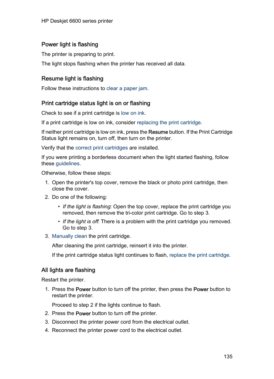 Power light is flashing, Resume light is flashing, Print cartridge status light is on or flashing | All lights are flashing | HP Deskjet 6620 Color Inkjet Printer User Manual | Page 135 / 169