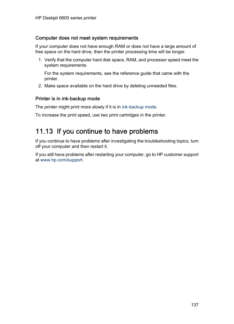 Computer does not meet system requirements, Printer is in ink-backup mode, 13 if you continue to have problems | If you continue to have problems | HP Deskjet 6620 Color Inkjet Printer User Manual | Page 137 / 169