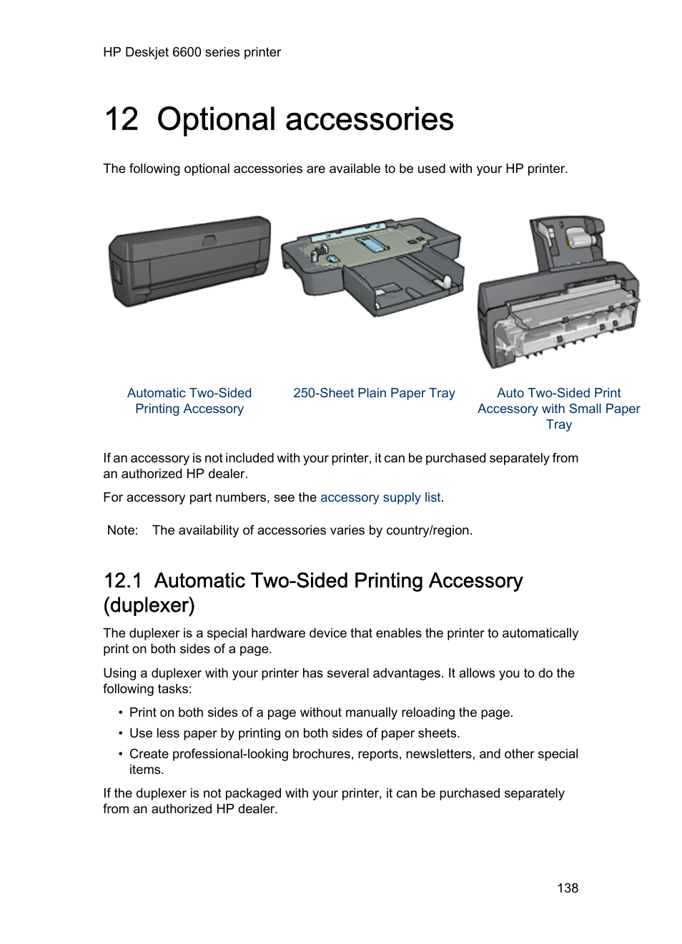 12 optional accessories, Optional accessories, Automatic two | Sided printing accessory, Automatic two-sided, Printing accessory, Optional) | HP Deskjet 6620 Color Inkjet Printer User Manual | Page 138 / 169