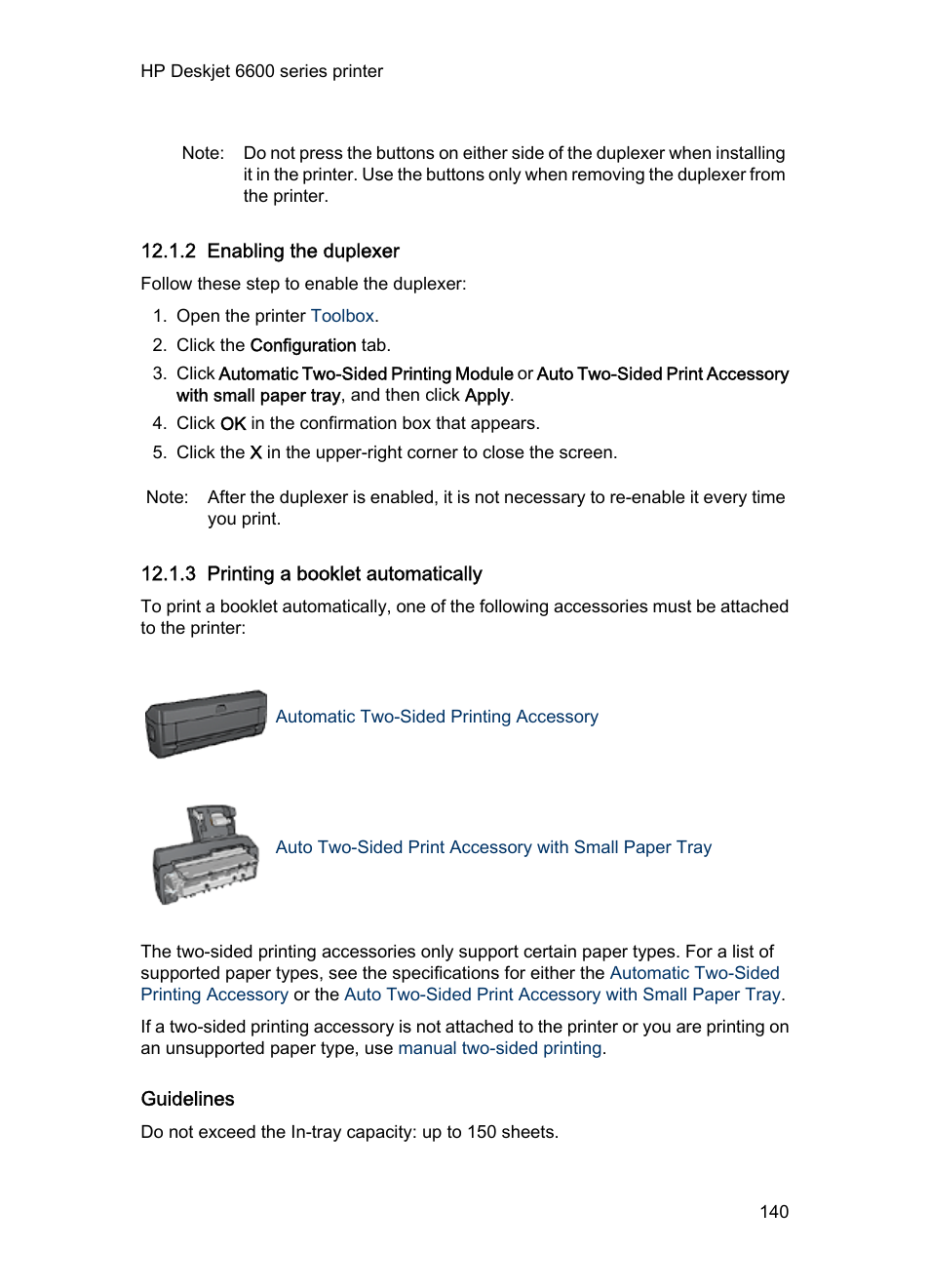 2 enabling the duplexer, 3 printing a booklet automatically, Guidelines | Steps to print, A booklet automatically | HP Deskjet 6620 Color Inkjet Printer User Manual | Page 140 / 169