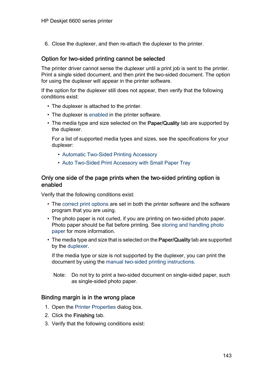 Option for two-sided printing cannot be selected, Binding margin is in the wrong place | HP Deskjet 6620 Color Inkjet Printer User Manual | Page 143 / 169