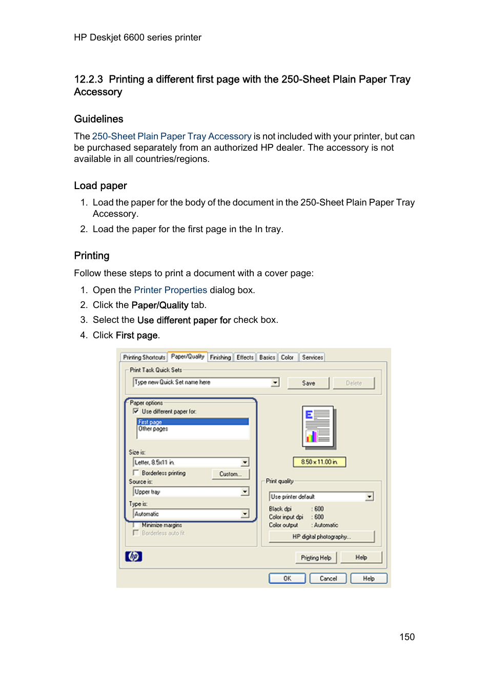 Guidelines, Load paper, Printing | Sheet plain paper tray accessory | HP Deskjet 6620 Color Inkjet Printer User Manual | Page 150 / 169