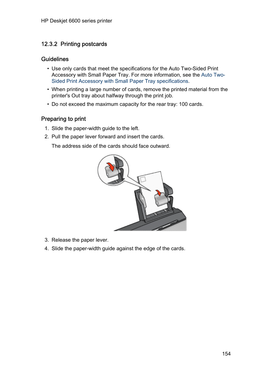 2 printing postcards, Guidelines, Preparing to print | Tray is attached to the printer, follow the, Steps for printing, Paper tray, Postcards | HP Deskjet 6620 Color Inkjet Printer User Manual | Page 154 / 169