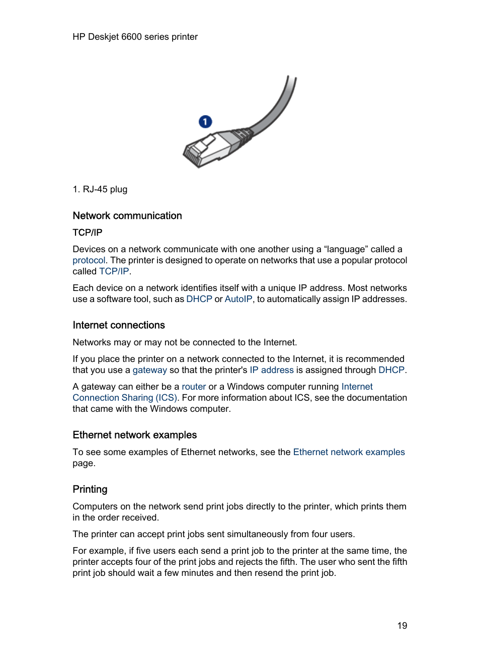 Network communication, Tcp/ip, Internet connections | Ethernet network examples, Printing | HP Deskjet 6620 Color Inkjet Printer User Manual | Page 19 / 169