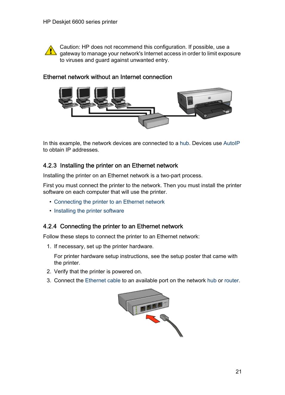 Ethernet network without an internet connection, 3 installing the printer on an ethernet network, 4 connecting the printer to an ethernet network | Installing the printer on an ethernet network, Connecting the printer to an ethernet network, Ethernet installation, Instructions | HP Deskjet 6620 Color Inkjet Printer User Manual | Page 21 / 169