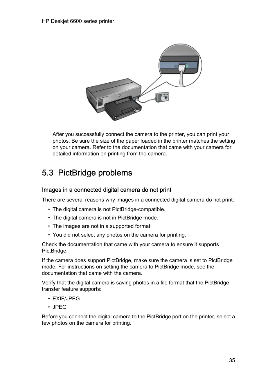 3 pictbridge problems, Images in a connected digital camera do not print, Pictbridge troubleshooting | HP Deskjet 6620 Color Inkjet Printer User Manual | Page 35 / 169