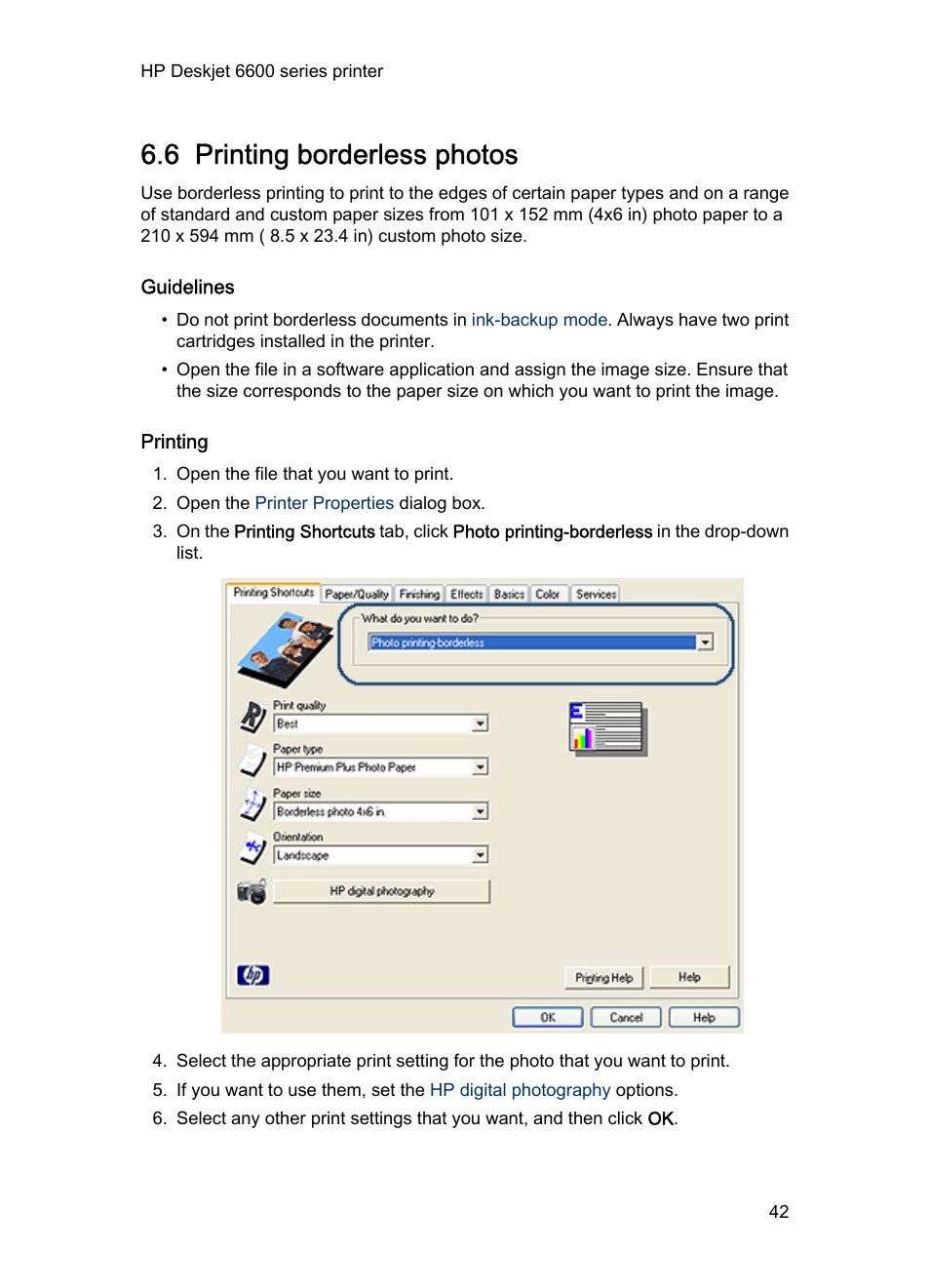 6 printing borderless photos, Guidelines, Printing | Cards by using the, Borderless printing | HP Deskjet 6620 Color Inkjet Printer User Manual | Page 42 / 169