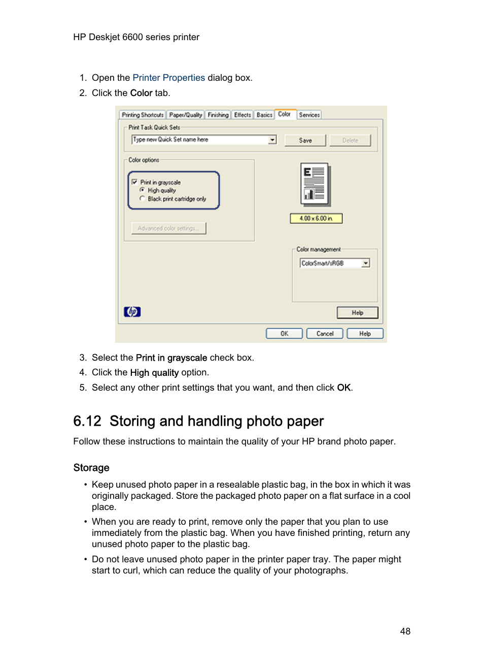 12 storing and handling photo paper, Storage, Photo paper storage guidelines | HP Deskjet 6620 Color Inkjet Printer User Manual | Page 48 / 169