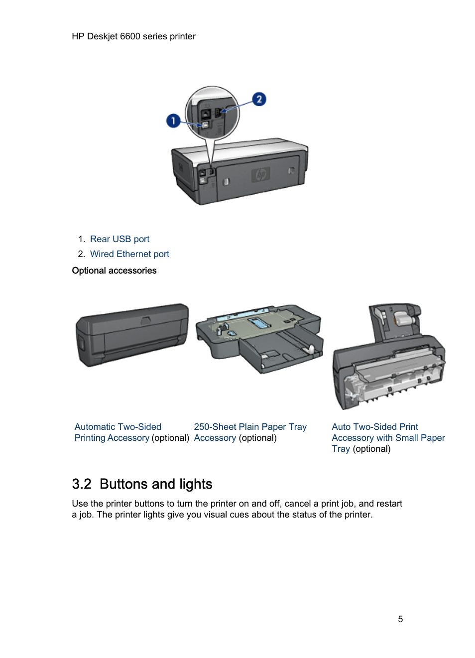 2 buttons and lights, Button, Buttons and lights | HP Deskjet 6620 Color Inkjet Printer User Manual | Page 5 / 169