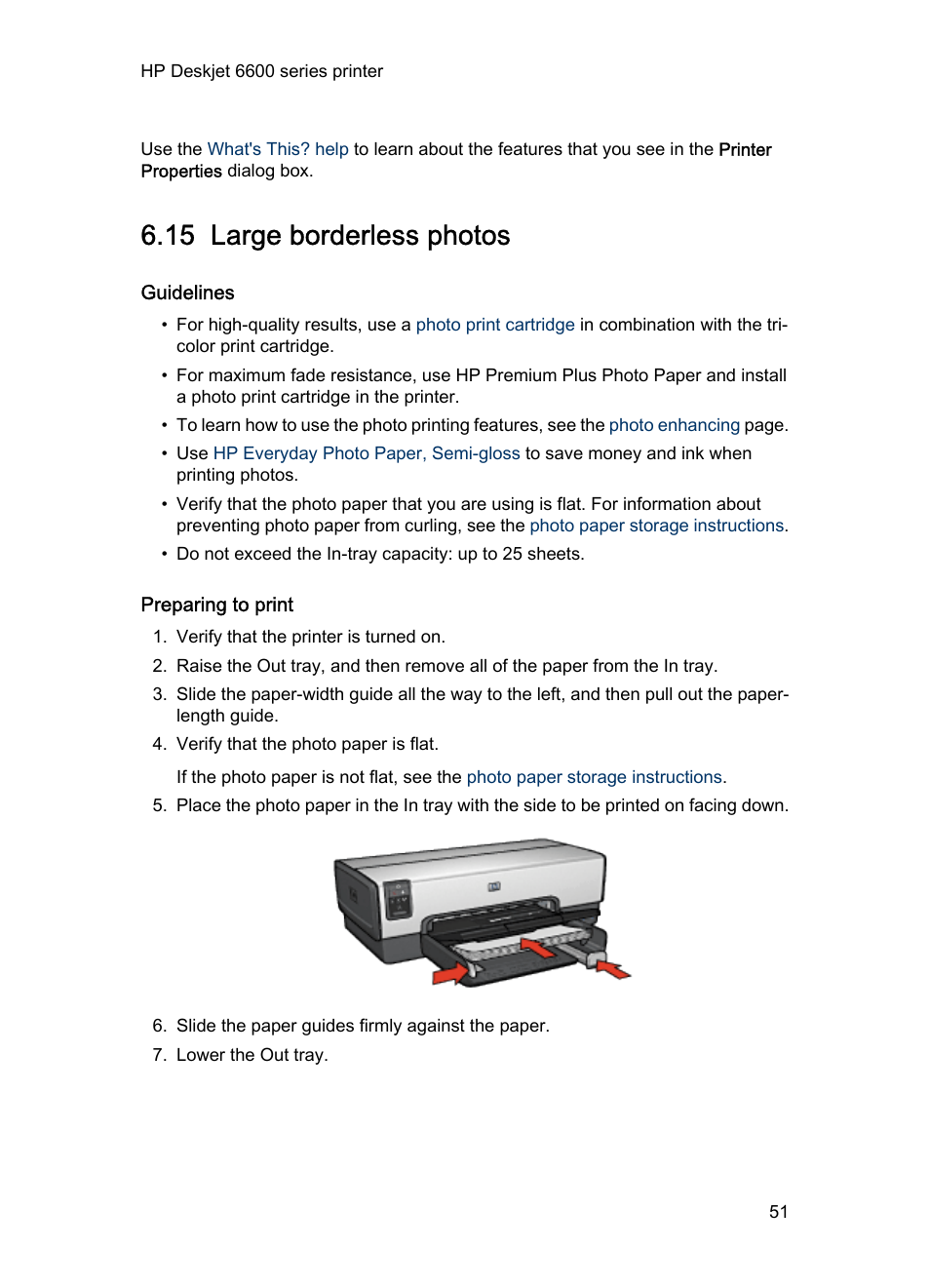 15 large borderless photos, Guidelines, Preparing to print | Large photos, Large borderless photo | HP Deskjet 6620 Color Inkjet Printer User Manual | Page 51 / 169