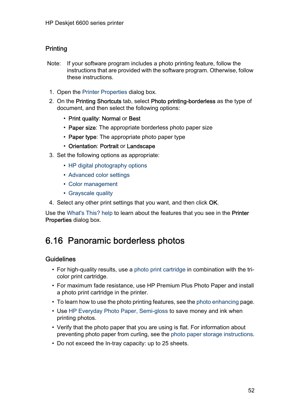 Printing, 16 panoramic borderless photos, Guidelines | Panoramic borderless photo | HP Deskjet 6620 Color Inkjet Printer User Manual | Page 52 / 169