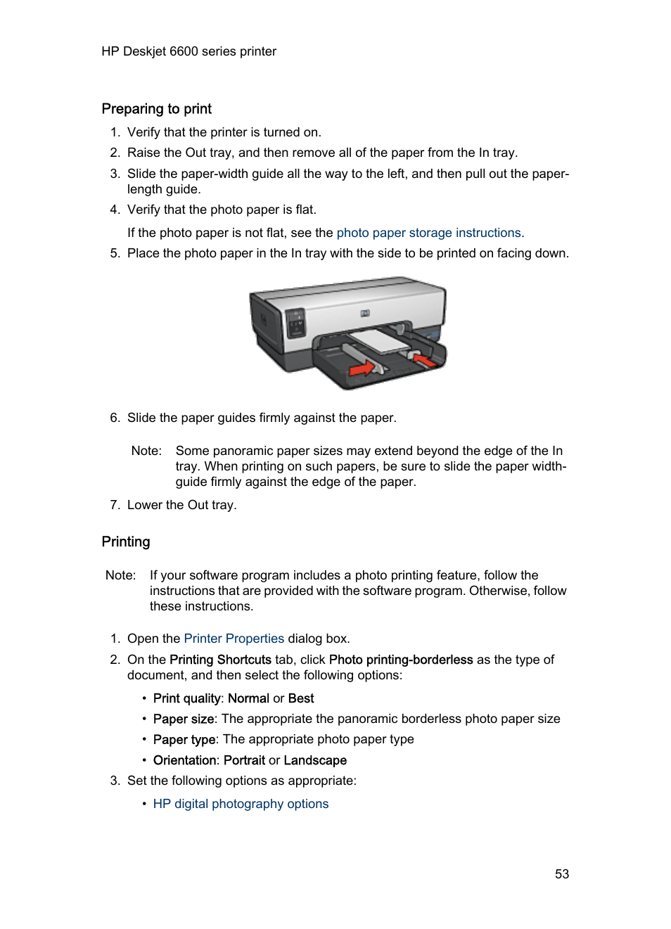 Preparing to print, Printing | HP Deskjet 6620 Color Inkjet Printer User Manual | Page 53 / 169