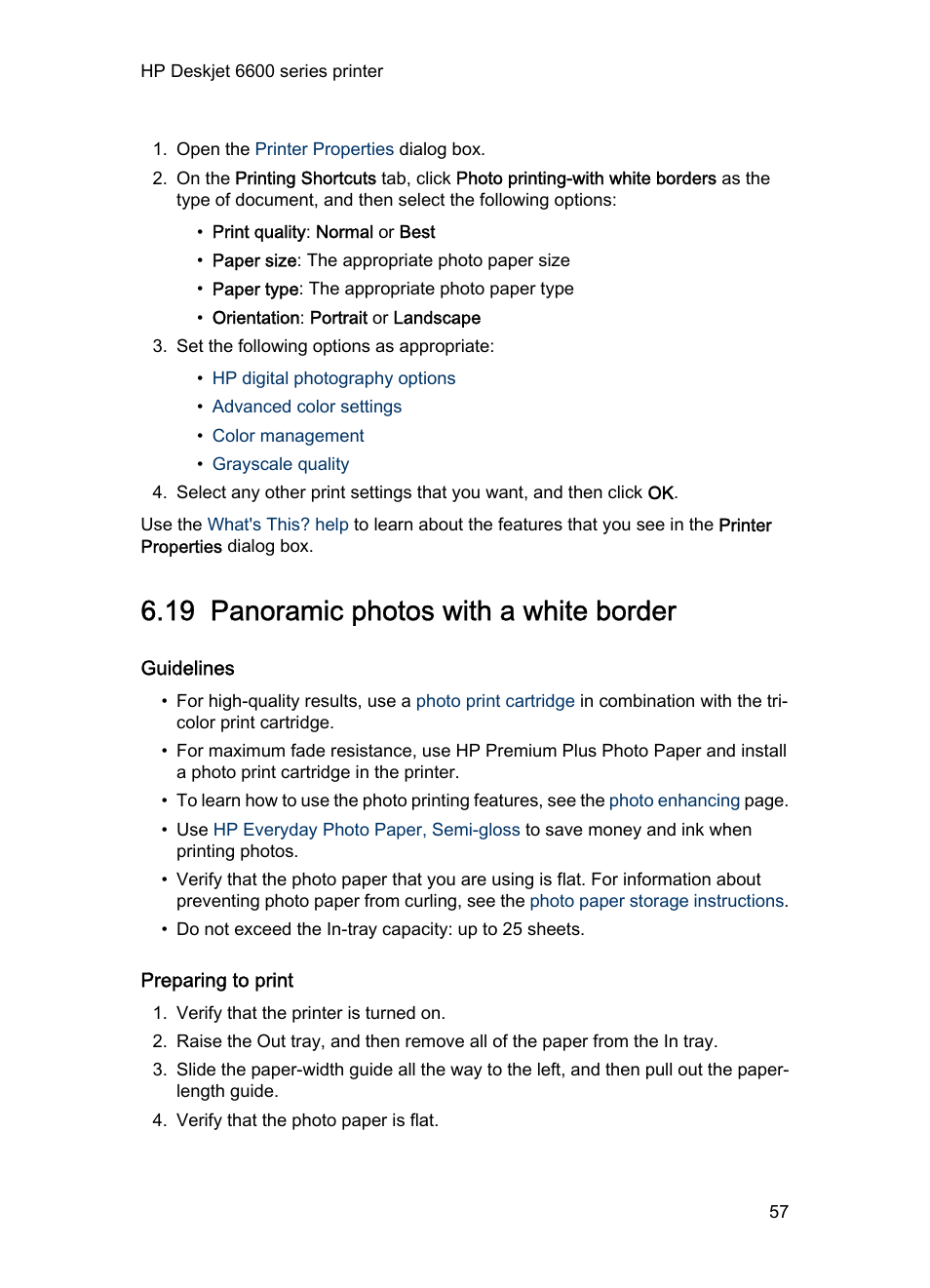 19 panoramic photos with a white border, Guidelines, Preparing to print | Panoramic photo, With a white border | HP Deskjet 6620 Color Inkjet Printer User Manual | Page 57 / 169