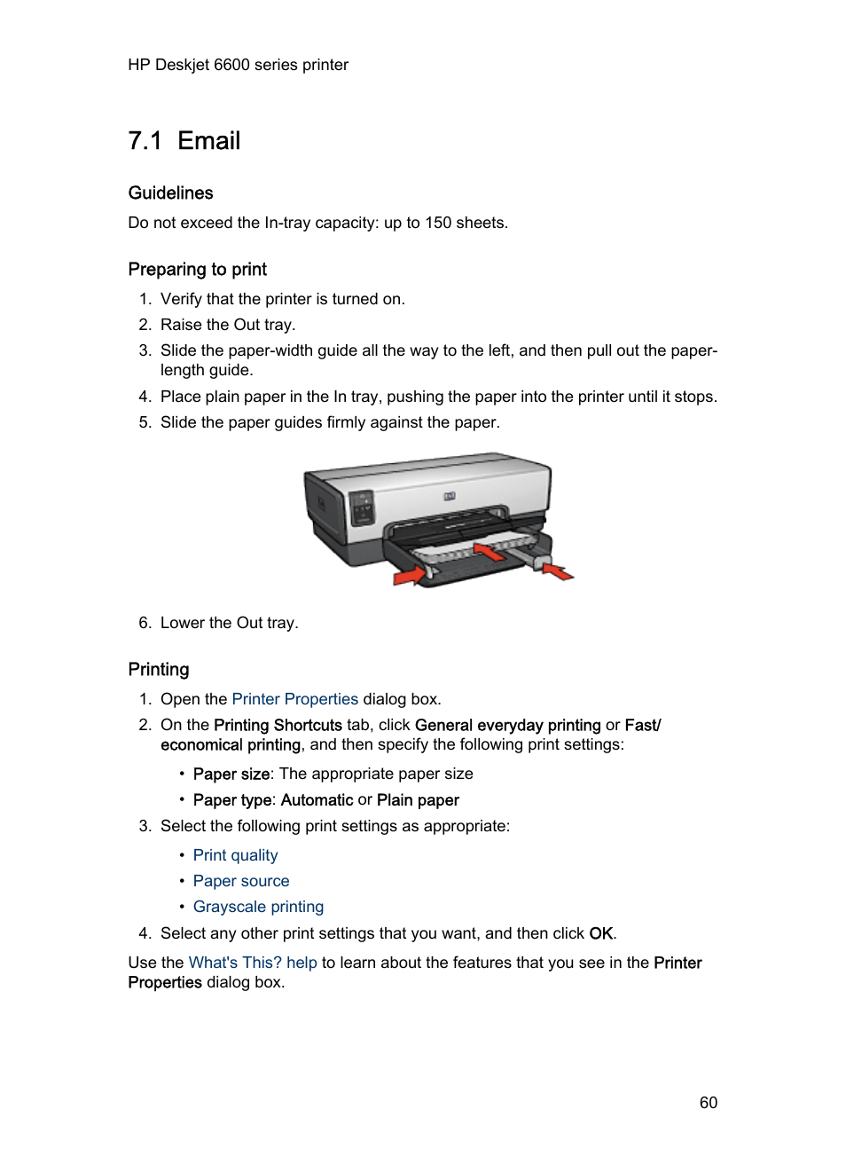 1 email, Guidelines, Preparing to print | Printing, E-mail | HP Deskjet 6620 Color Inkjet Printer User Manual | Page 60 / 169