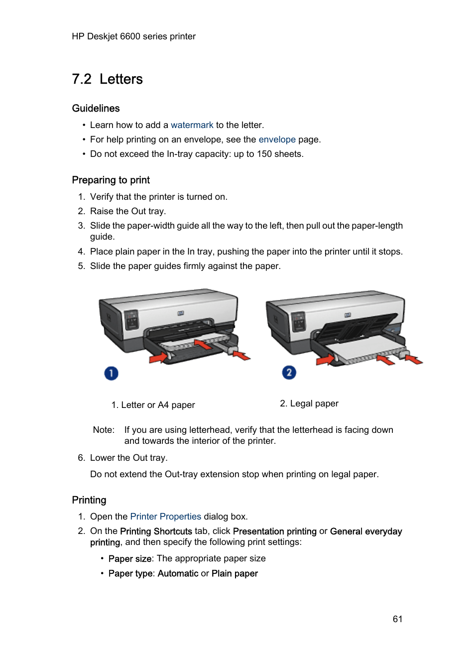 2 letters, Guidelines, Preparing to print | Printing, Letters | HP Deskjet 6620 Color Inkjet Printer User Manual | Page 61 / 169